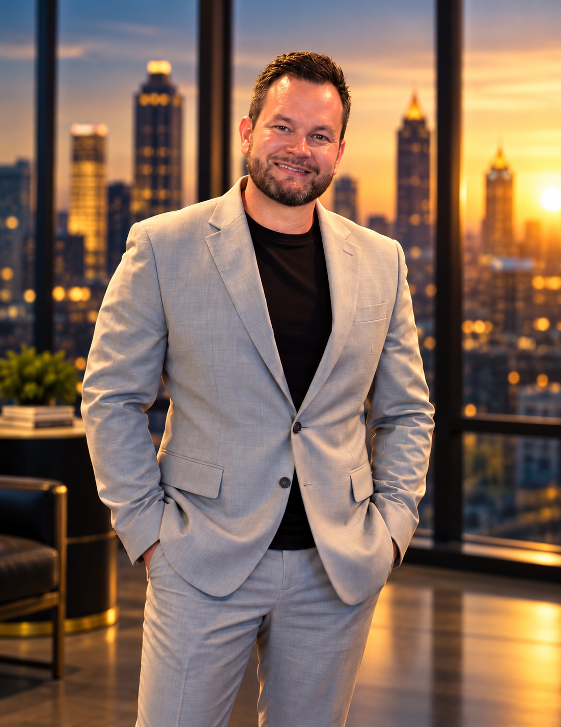Billy Glenn, sales coach, in front of a city skyline